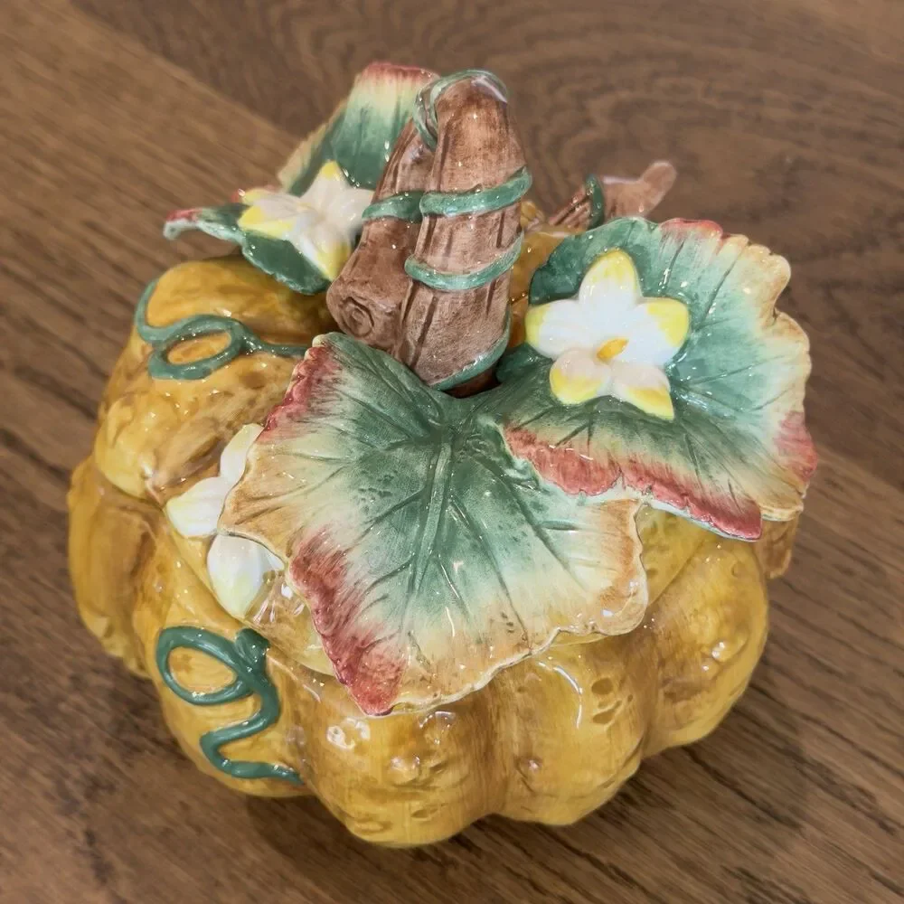 Fitz and Floyd Gardening Gourmet Pumpkin Condiment Jar W/Lid Spoon Box Vintage